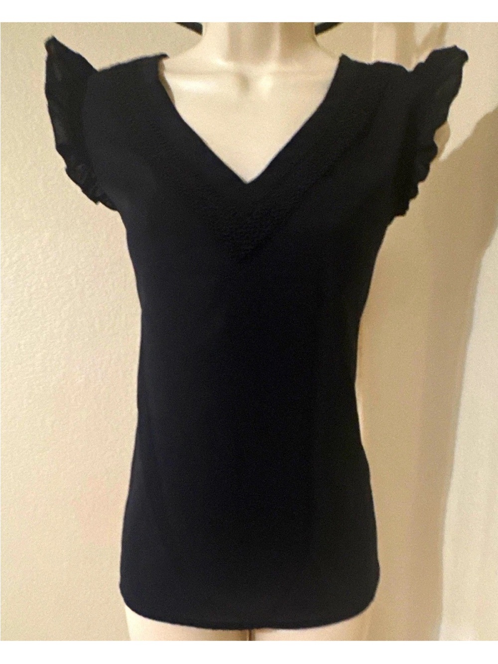 Black V-Neck Ruffled Sleeve Women's Top